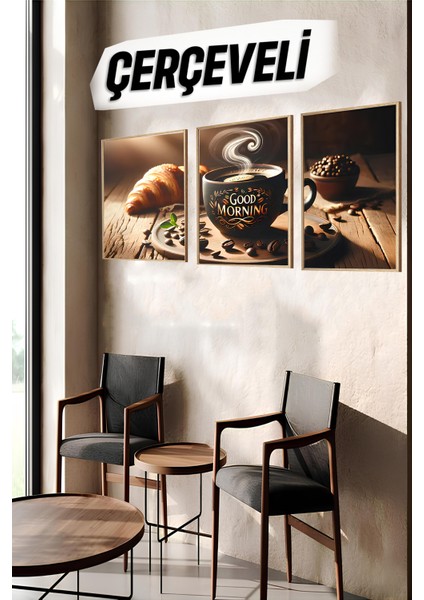 🌞 Good Mornıng Serisi – Çerçeveli 3’lü Kahve Temalı Tablo Seti (Mdf – Uv Baskı) CRV1023 23 x 32 indirimleri