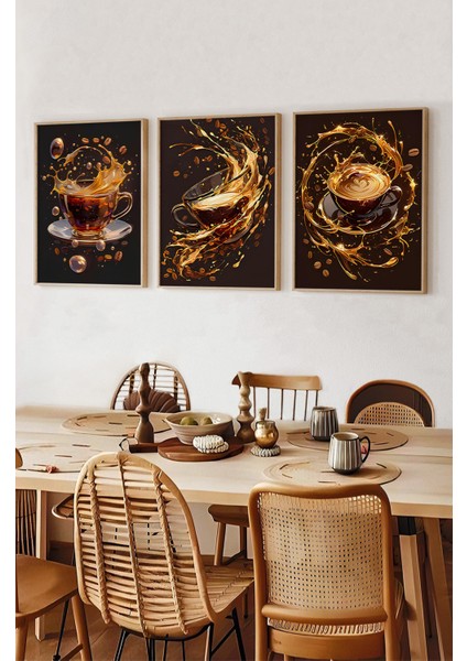 ☕ Kahve Enerjisiyle Canlanan 3'lü Mdf Tablo Seti – Ahşap Çerçeveli |23X32 – 32X42 – 42X62 CRV1010 23 x 32