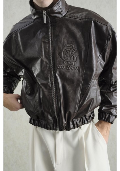 Kabartma Logolu Parçalı Kahverengi Deri Ceket indirimleri