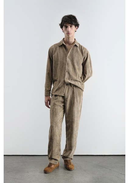 Oversıze Efektli Kadife Kahverengi Gömlek