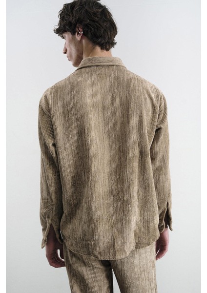 Oversıze Efektli Kadife Kahverengi Gömlek modelleri