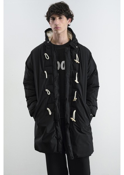 Kapüşonlu Uzun Şişme Siyah Mont indirimleri