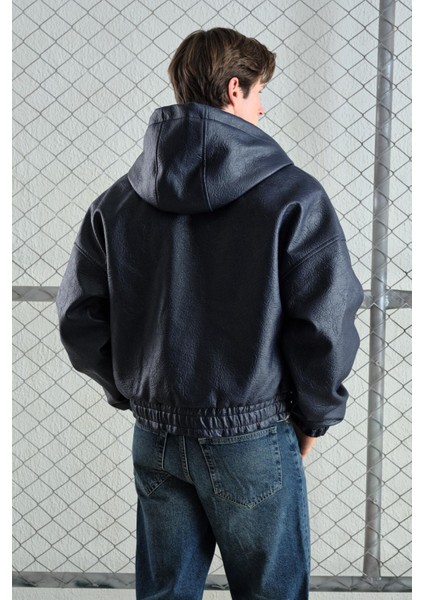 Kapüşonlu Lacivert Deri Ceket modelleri