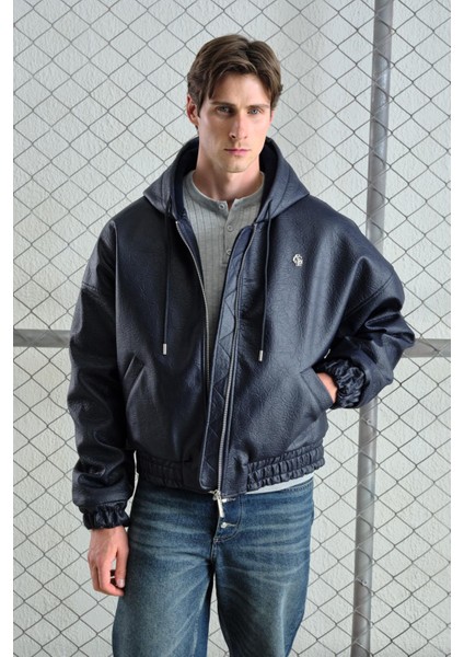 Kapüşonlu Lacivert Deri Ceket fırsatları