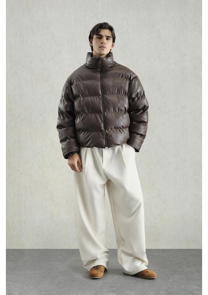 Şişme Deri Kahverengi Mont