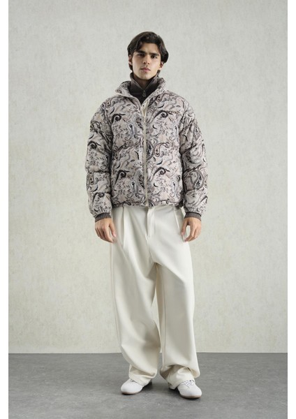 Desenli Kadife Şişme Bej Mont