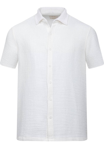 Beyaz Comfort Fit Düğmeli Yaka 100% Pamuk Kısa Kollu Casual Gömlek