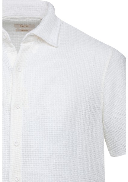 Beyaz Comfort Fit Düğmeli Yaka 100% Pamuk Kısa Kollu Casual Gömlek fiyatları