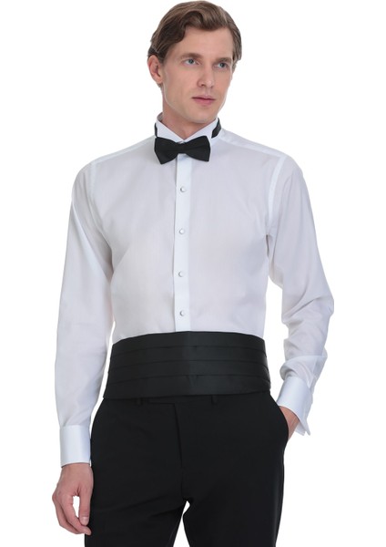 Beyaz Comfort Fit Ata Yaka 100% Pamuk Uzun Kollu Damatlık Gömlek
