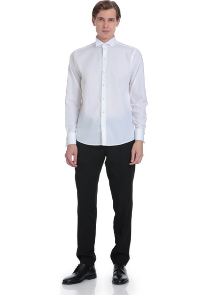 Beyaz Comfort Fit Ata Yaka 100% Pamuk Uzun Kollu Damatlık Gömlek