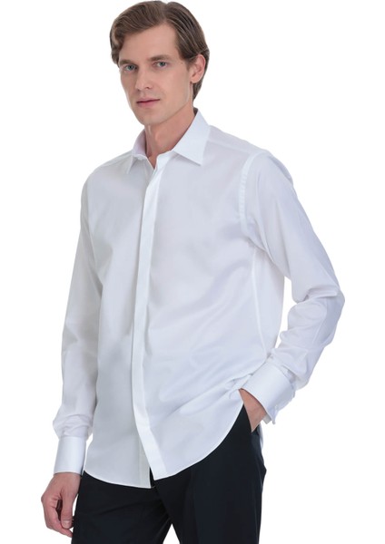 Beyaz Comfort Fit Ata Yaka Pamuklu Damatlık Gömlek