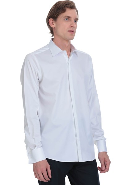 Beyaz Comfort Fit Ata Yaka Pamuklu Damatlık Gömlek