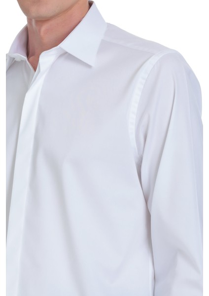 Beyaz Comfort Fit Ata Yaka Pamuklu Damatlık Gömlek