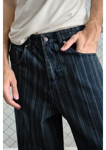 Çizgili Baggy Lacivert Jean