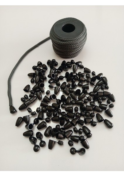 50 mt Antrasit Renk Esnek 6 mm Eşofman Kapüşon Bağcık Ipi ve 100 Adet Plastik Tıpalı Kapüşon Ucu