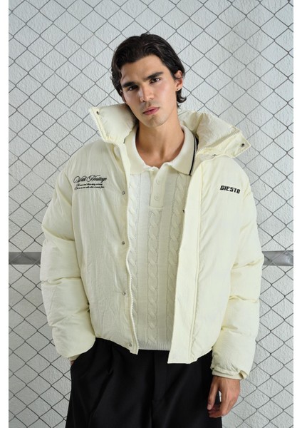 Nakışlı Şişme Ekru Mont