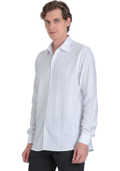 Siyah Comfort Fit Çizgili Slim Yaka 100% Pamuk Uzun Kollu Spor Gömlek