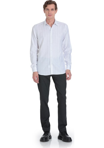 Siyah Comfort Fit Çizgili Slim Yaka 100% Pamuk Uzun Kollu Spor Gömlek