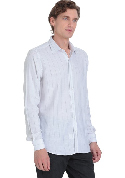 Siyah Comfort Fit Çizgili Slim Yaka 100% Pamuk Uzun Kollu Spor Gömlek