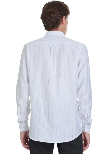 Siyah Comfort Fit Çizgili Slim Yaka 100% Pamuk Uzun Kollu Spor Gömlek