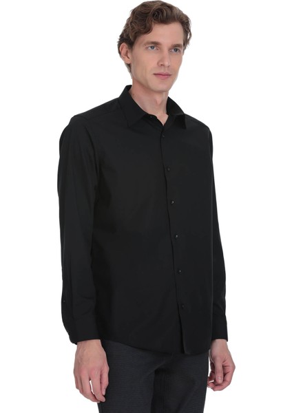 Siyah Klasik Fit Slim Yaka Pamuklu Uzun Kollu Gömlek