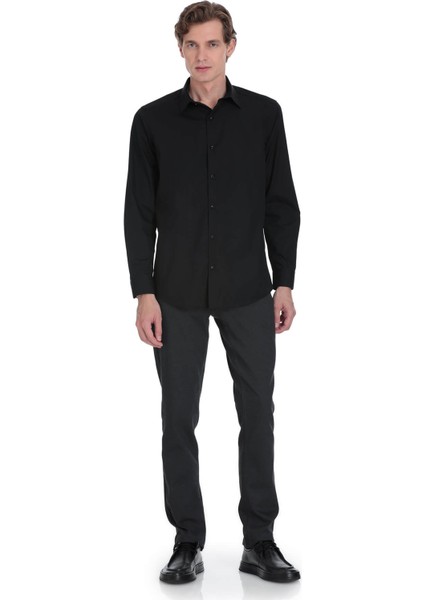 Siyah Klasik Fit Slim Yaka Pamuklu Uzun Kollu Gömlek fiyatları