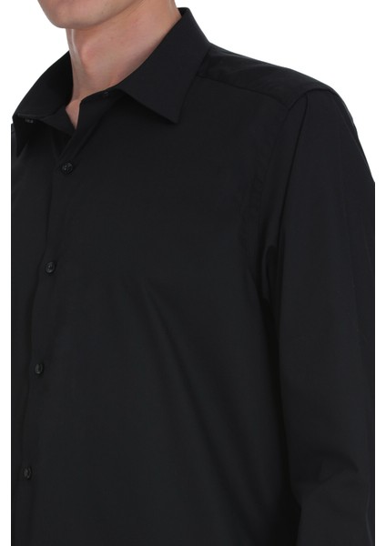 Siyah Klasik Fit Slim Yaka Pamuklu Uzun Kollu Gömlek fırsatları