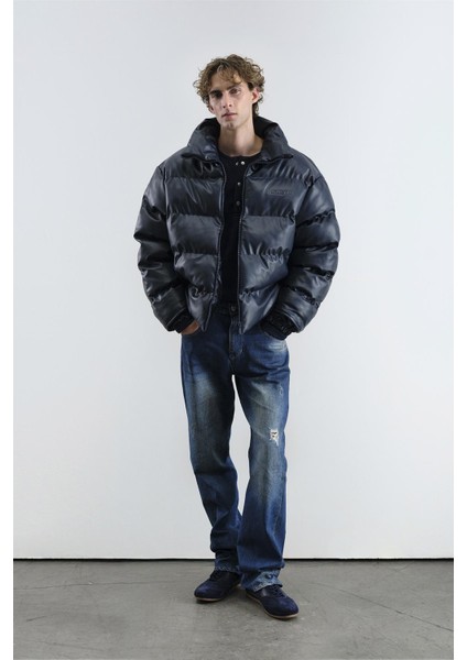 Şişme Deri Lacivert Mont