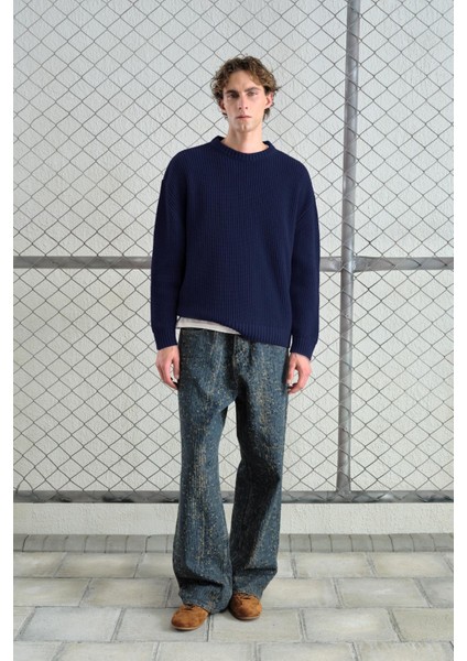 Regular Fıt Fitilli Lacivert Triko Kazak