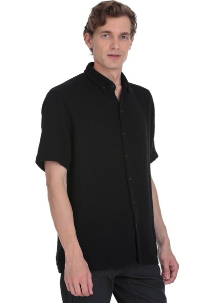 Siyah Comfort Fit Düğmeli Yaka 100% Pamuk Kısa Kollu Casual Gömlek