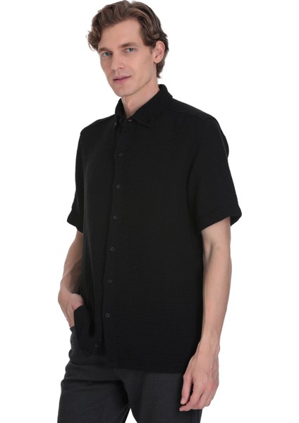 Siyah Comfort Fit Düğmeli Yaka 100% Pamuk Kısa Kollu Casual Gömlek modelleri