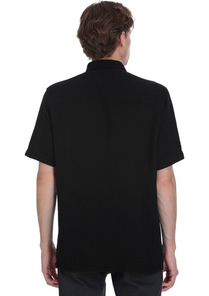 Siyah Comfort Fit Düğmeli Yaka 100% Pamuk Kısa Kollu Casual Gömlek fırsatları