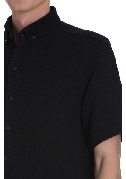 Siyah Comfort Fit Düğmeli Yaka 100% Pamuk Kısa Kollu Casual Gömlek indirimleri