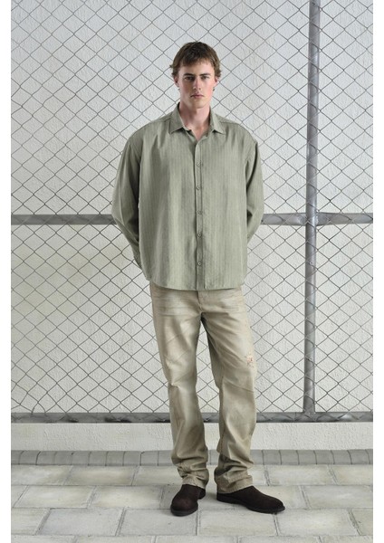 Çizgili Efektli Modal Haki Gömlek