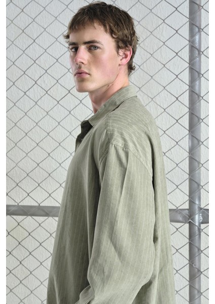 Çizgili Efektli Modal Haki Gömlek indirimleri