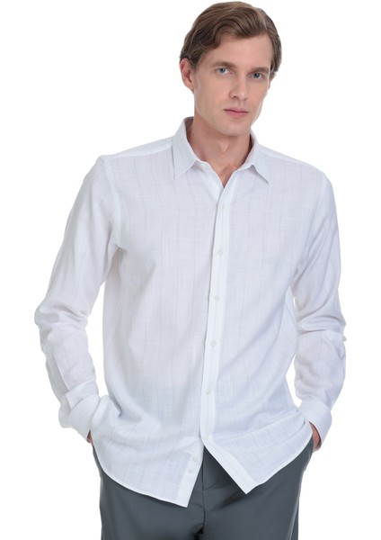 Gri Comfort Fit Çizgili Slim Yaka 100% Pamuk Uzun Kollu Spor Gömlek