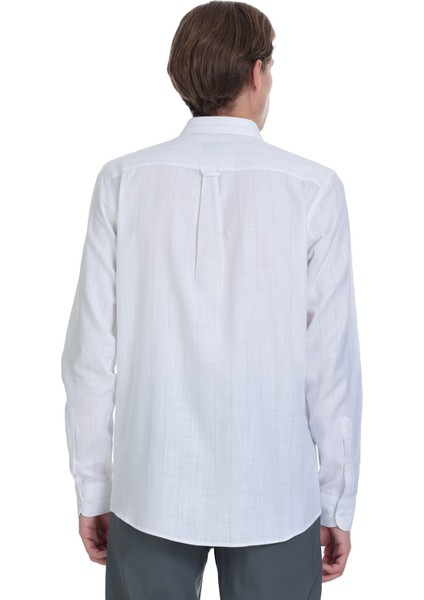 Gri Comfort Fit Çizgili Slim Yaka 100% Pamuk Uzun Kollu Spor Gömlek