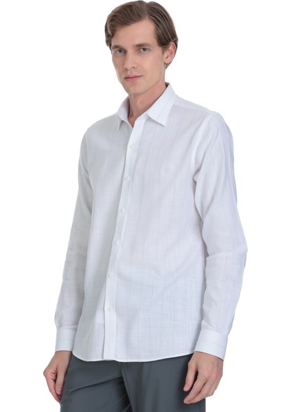 Gri Comfort Fit Çizgili Slim Yaka 100% Pamuk Uzun Kollu Spor Gömlek