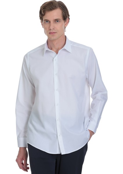 Beyaz Klasik Fit Slim Yaka Pamuklu Uzun Kollu Gömlek