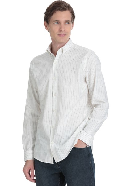 Siyah Comfort Fit Çizgili Düğmeli Yaka Pamuk-Keten Uzun Kollu Gömlek