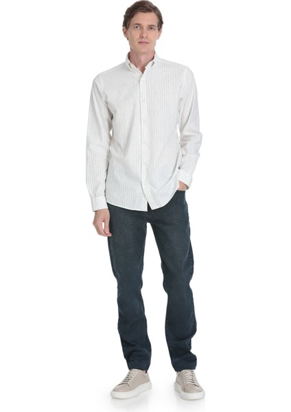 Siyah Comfort Fit Çizgili Düğmeli Yaka Pamuk-Keten Uzun Kollu Gömlek fiyatları