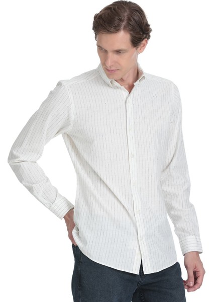 Siyah Comfort Fit Çizgili Düğmeli Yaka Pamuk-Keten Uzun Kollu Gömlek modelleri