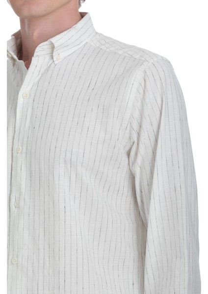 Siyah Comfort Fit Çizgili Düğmeli Yaka Pamuk-Keten Uzun Kollu Gömlek fırsatları