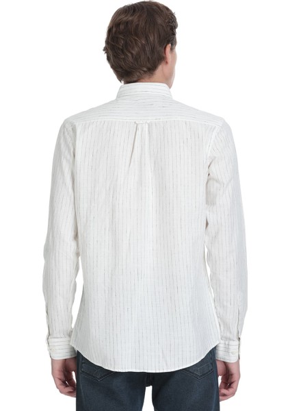 Siyah Comfort Fit Çizgili Düğmeli Yaka Pamuk-Keten Uzun Kollu Gömlek indirimleri