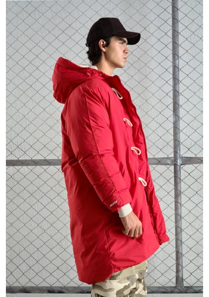 Kapüşonlu Uzun Şişme Kırmızı Mont fiyatları