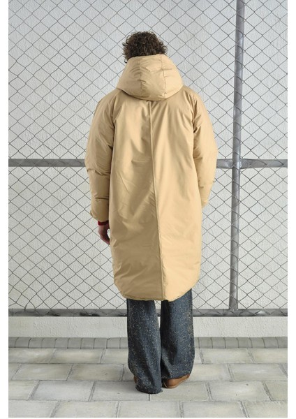 Kapüşonlu Uzun Şişme Bej Mont fiyatları