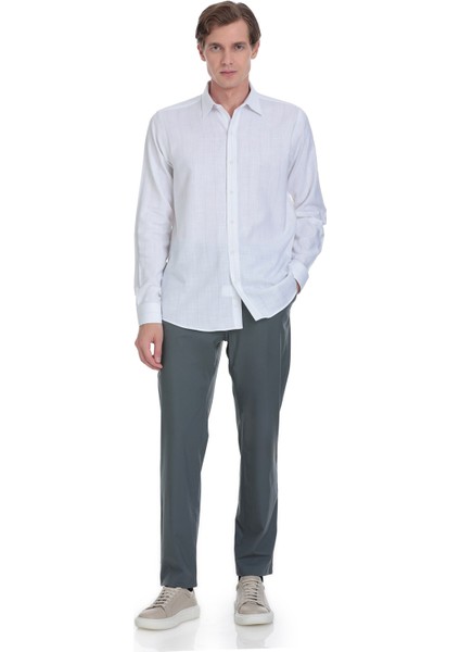 Gri Comfort Fit Çizgili Slim Yaka 100% Pamuk Uzun Kollu Spor Gömlek