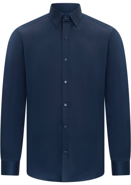 Lacivert Klasik Fit Slim Yaka Pamuklu Uzun Kollu Saten Gömlek