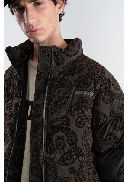 Flok Desenli Şişme Kahverengi Mont