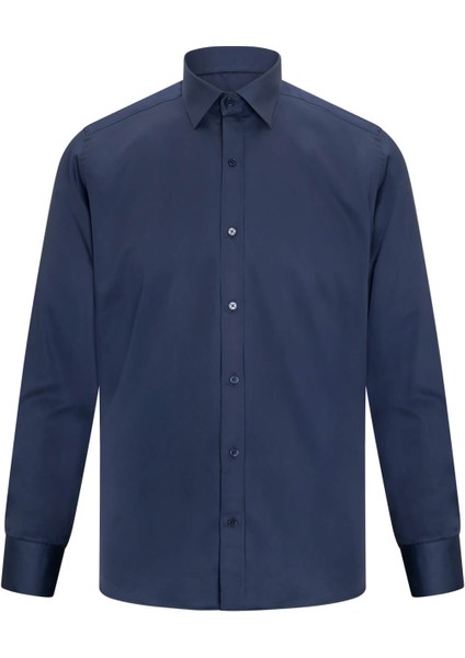 Lacivert Klasik Fit Slim Yaka 100% Pamuk Uzun Kollu Saten Gömlek